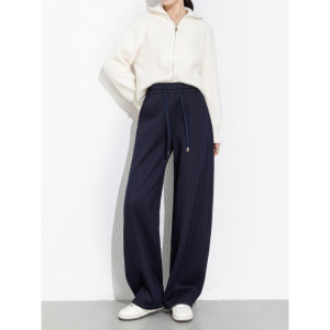 冬季新款宽松加绒加厚弯刀裤女高腰抽绳复合休闲长裤