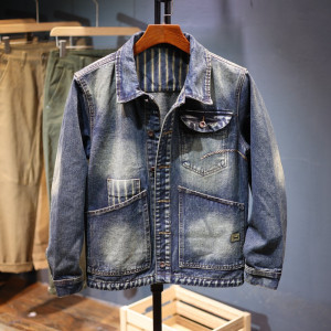 条纹拼接夹克男秋冬新款宽松休闲牛仔外套男士品质轻奢上衣