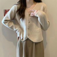 秋冬新款休闲韩版简约V领单排扣透气针织开衫长袖上衣女外套