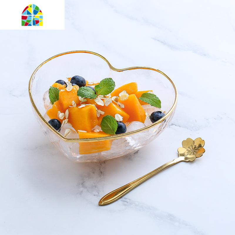 日式玻璃碗金边甜品碗燕窝盅创意玻璃水果沙拉碗糖水汤单个碗 FENGHOU 金边心形碗+送金花勺(大号)300ml