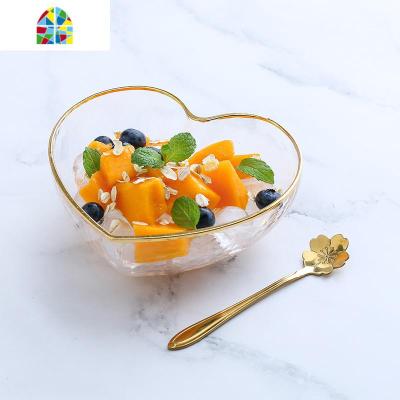 日式玻璃碗金边甜品碗燕窝盅创意玻璃水果沙拉碗糖水汤单个碗 FENGHOU 金边心形碗+送金花勺(大号)300ml
