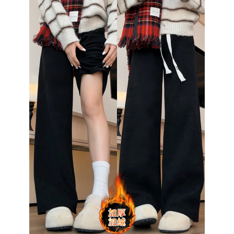 窄版阔腿裤女新款秋冬雪尼尔加绒直筒裤小个子黑色灯芯绒裤子