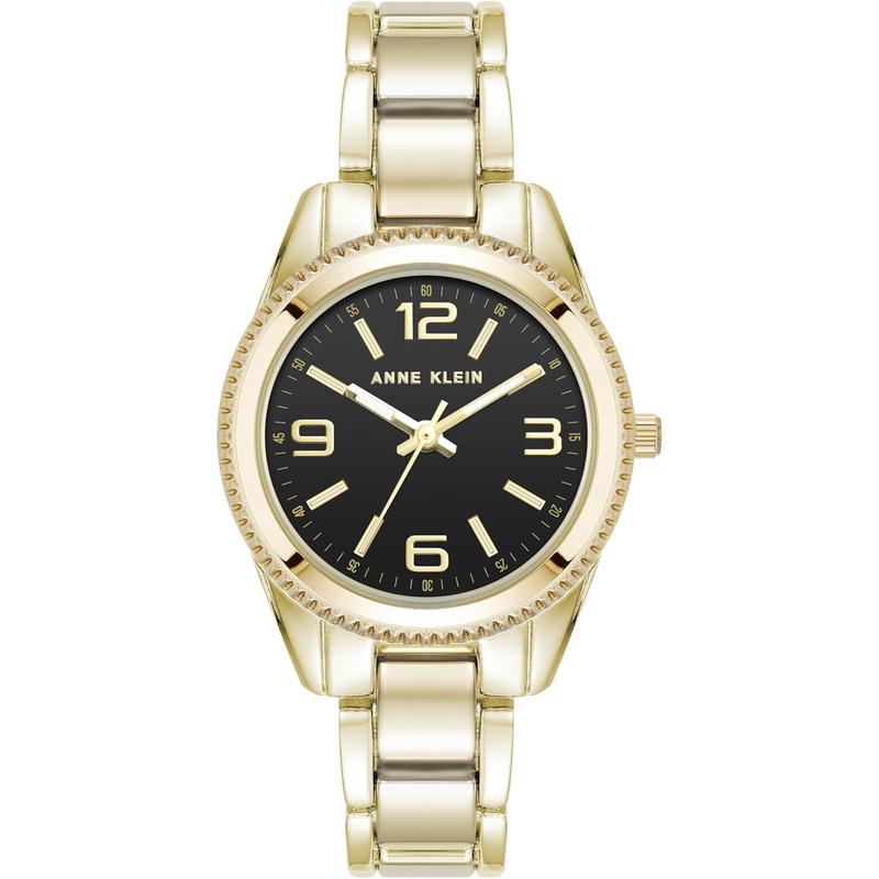 Anne Klein/安妮克莱因女士金属腕表日式石英黑盘金带双折扣防水