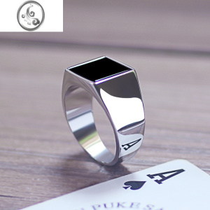 JiMi新款镜面黑玛瑙钛钢戒指男士高清反光看认牌扑克时尚近景魔术道具