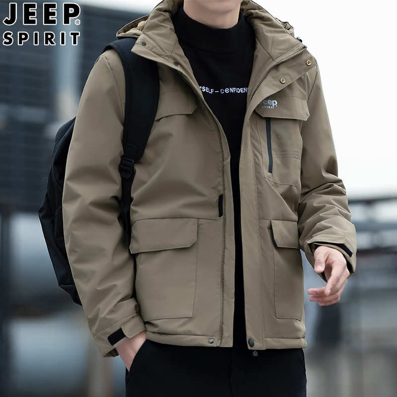 JEEP吉普男士多口袋工装夹克秋冬新款加绒加厚防寒保暖棉衣外套男