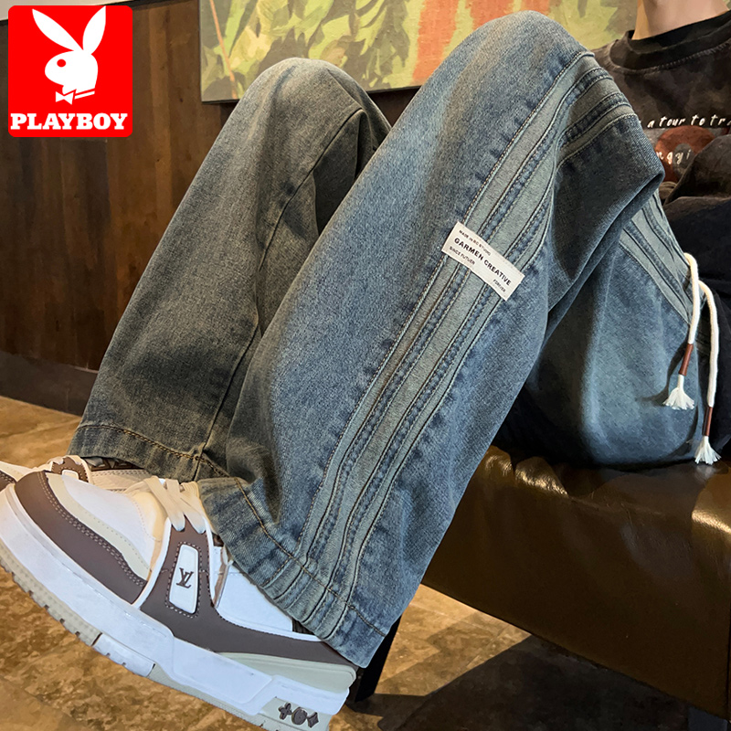 花花公子条纹牛仔裤男春秋季美式潮牌直筒裤子青少年宽松休闲长裤