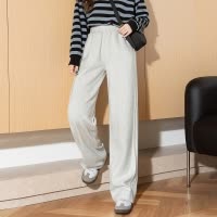 [2.5折价99元]唐狮秋季新款女休闲长裤灰色卫裤高腰阔腿裤宽松百搭显瘦裤子