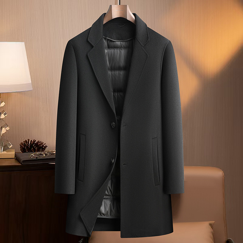 西装领双面呢羊毛大衣秋冬中长款羽绒脱卸内胆中青年加厚羊毛外套