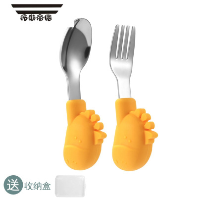 拓斯帝诺宝宝学吃饭勺子弯头勺短柄婴儿童316不锈钢餐具套装学食训练叉勺黄色小鹿-直款304不锈钢-