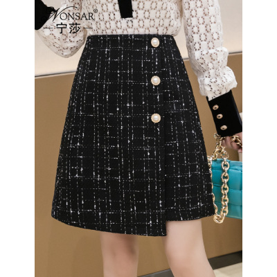 YIBUSHENG2021年早春秋新款时尚高腰不规则a字包臀裙子气质毛呢短半身裙女