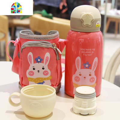 封后316可爱儿童保温杯带吸管两用宝宝喝水杯子幼儿园小学生便携水壶 FENG 刺绣款[粉色羊驼600ml]双盖+杯套+送
