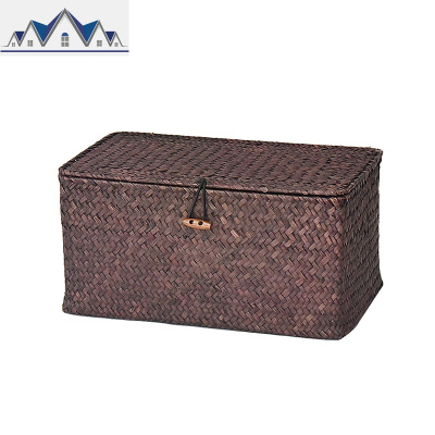 海编收纳箱有盖编织收纳盒整理箱藤编筐竹编篮手编桌面储物篮子 三维工匠