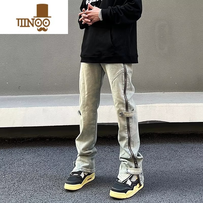 YANXU美式水洗黄泥染侧拉链牛仔裤男vibe风高街宽松直筒排扣开叉长裤子