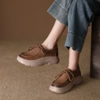 头层牛皮单鞋女2026春季新款复古系带厚底圆头百搭袋鼠鞋豆豆鞋