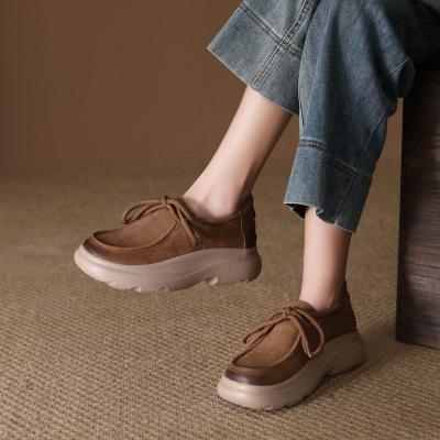 头层牛皮单鞋女2026春季新款复古系带厚底圆头百搭袋鼠鞋豆豆鞋