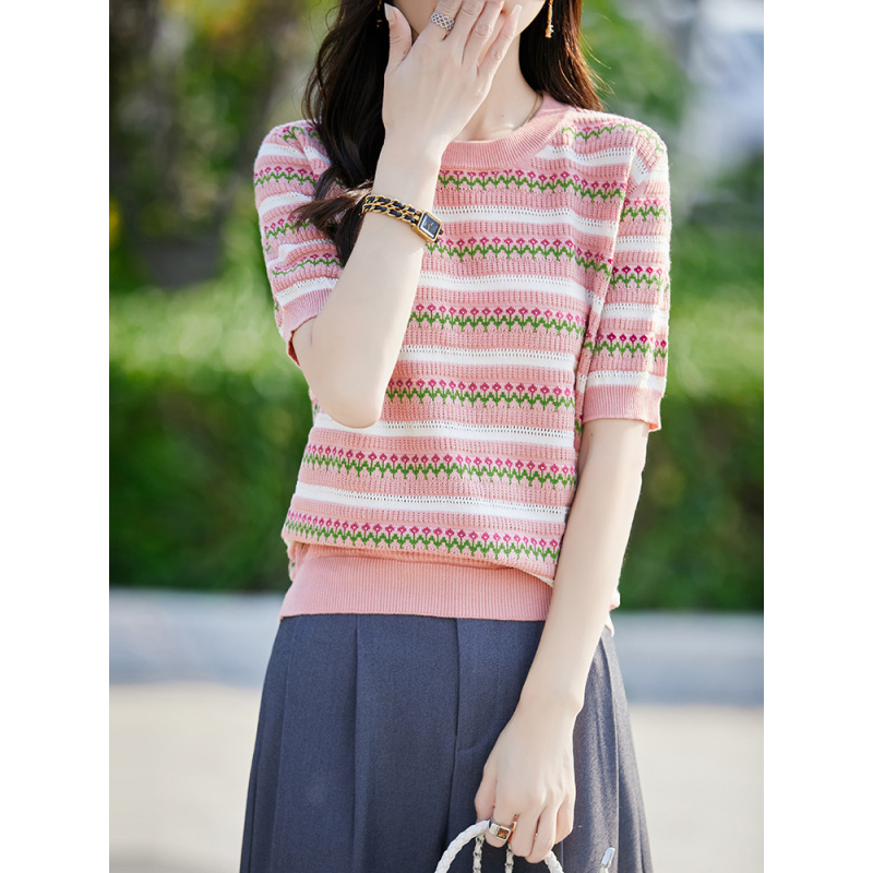 夏季新款棉线圆领针织衫短袖T恤女镂空提花套头打底衫上衣