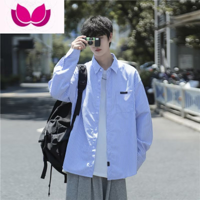 七斓港风条纹长袖衬衫男士ins潮牌百搭外套韩版潮流休闲衬衣潮