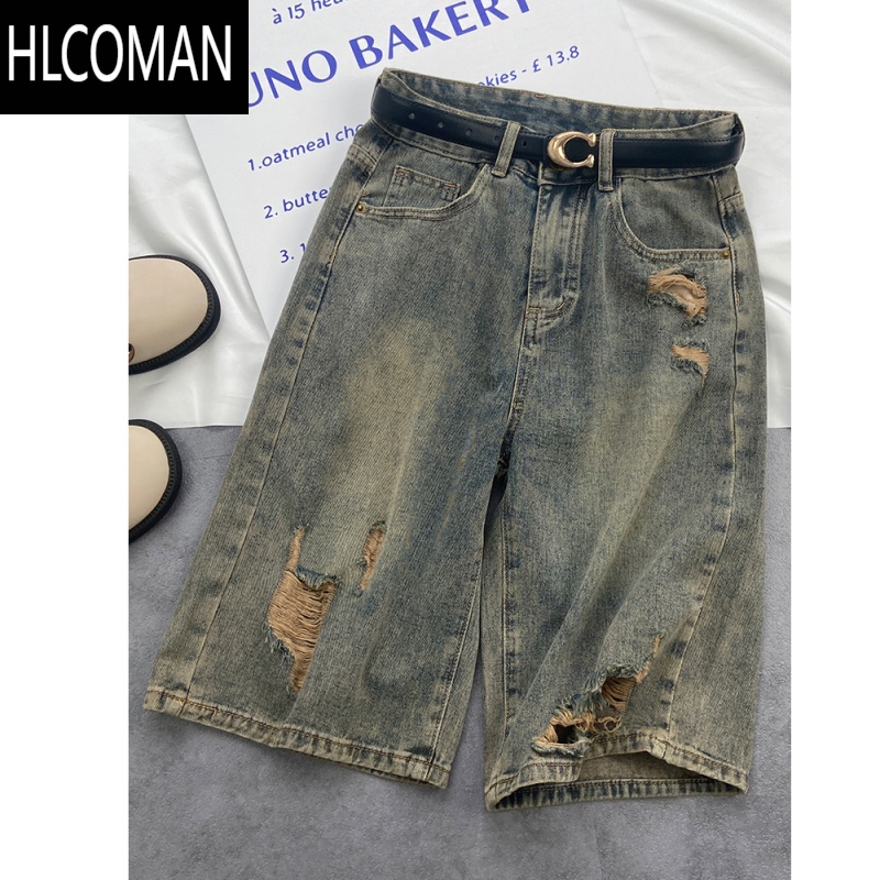 HLCOMAN水泥灰破洞牛仔短裤男夏季薄款宽松直筒ins高街潮牌复古五分裤子