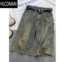 HLCOMAN水泥灰破洞牛仔短裤男夏季薄款宽松直筒ins高街潮牌复古五分裤子