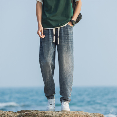 潮牌抽绳牛仔裤男士水洗做旧束脚裤日系休闲哈伦长裤工厂直供