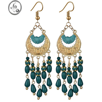 JiMi波西米亚民族风长款复古流苏米珠耳环耳坠旅行拍照配饰女雕花耳饰