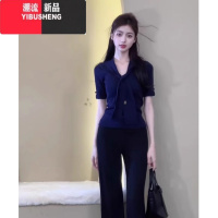 YIBUSHENG韩系飘带修身短袖针织T恤女季收腰显瘦气质轻熟风chic短款上衣