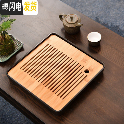 三维工匠功夫茶具简约茶盘家用储水日式圆形竹制密胺干泡托盘大小茶台 密胺大正方角孔直线黑茶盘28cm