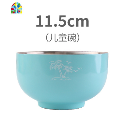 韩式炫彩304不锈钢碗家用成人餐具碗双层隔热保温儿童碗创意加厚 FENGHOU 12cm蓝色