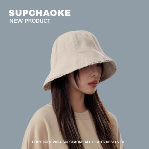 2025新款大头围水洗做旧毛边渔夫帽女素颜大码适合大脸圆脸水桶帽3759A