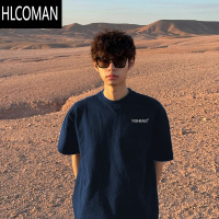 HLCOMAN藏青色日系t恤男生少年感穿搭ootd短袖夏季新疆棉小领口半袖