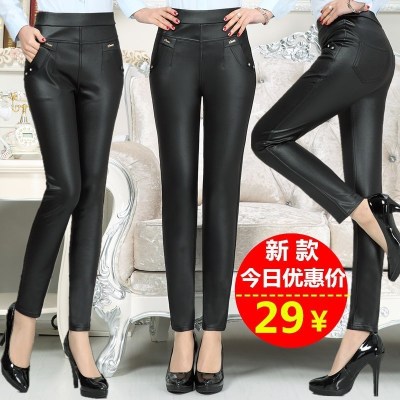 春秋装妈妈修身裤女弹力外穿高腰仿皮裤中老年女士小脚裤黑色裤子