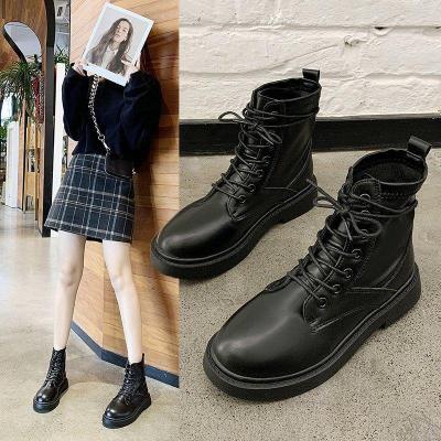 简翔靴子女2020秋季新款韩版百搭平底英伦风松糕厚底系带短靴子女