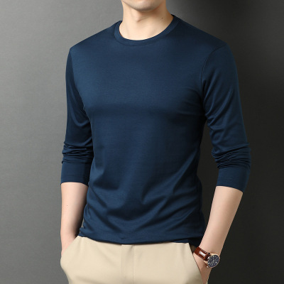 策霸春秋季男士长袖圆领t恤衫全棉纯色打底衫基础款丝光棉长袖t恤男