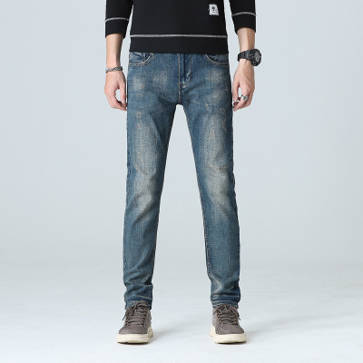 春季舒适男式磨破怀旧牛仔裤男青年复古水洗合体小直脚弹力男裤子