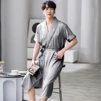 冰丝男士睡袍夏季薄款短袖仿真丝绸睡衣加大码宽松家居服浴袍晨袍_1