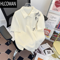 HLCOMAN国潮复古竹叶刺绣短袖polo衫男女款夏季宽松休闲百搭翻领t恤上衣