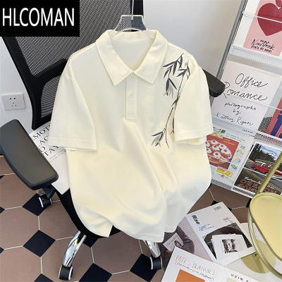 HLCOMAN国潮复古竹叶刺绣短袖polo衫男女款夏季宽松休闲百搭翻领t恤上衣
