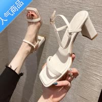 SUNTEK法式气质粗跟高跟鞋女黑色职业一字扣带凉鞋女夏季中跟2023年新款
