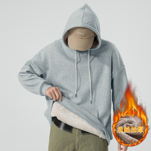 工厂秋冬新款加绒连帽卫衣长袖羊羔绒纯色宽松落肩款男士