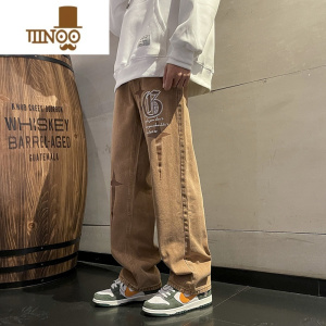 YANXU美式复古刺绣牛仔裤男款夏季潮牌水洗高街vibe风宽松直筒裤子街头