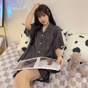 睡衣女夏季冰丝短袖短裤薄款2026条纹卡通印花宽松大码可外穿家居