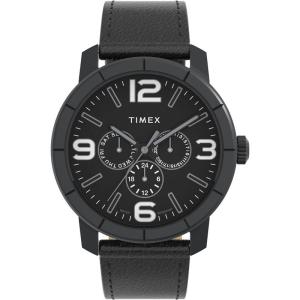 TIMEX天美时大表盘石英防水男士腕表黑盘皮质表带商务休闲多功能