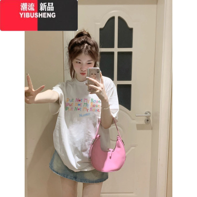 YIBUSHENG日多巴胺穿搭正肩短袖T恤女美式复古小个子洋气减龄白色上衣潮