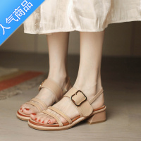 SUNTEK粗跟凉鞋女夏中跟2023年新款休闲大学生百搭一字扣带罗马高跟鞋子