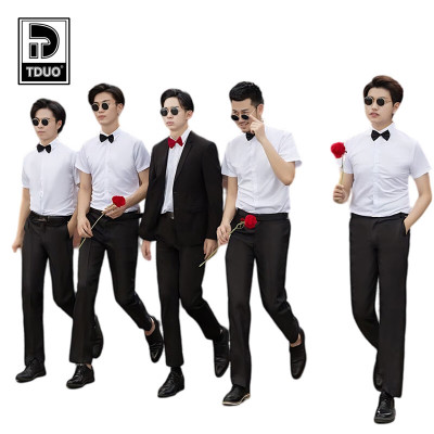 Tduo合唱演出服套装三件套 D03 套 白色短袖长裤 短衬衫+领结+长裤