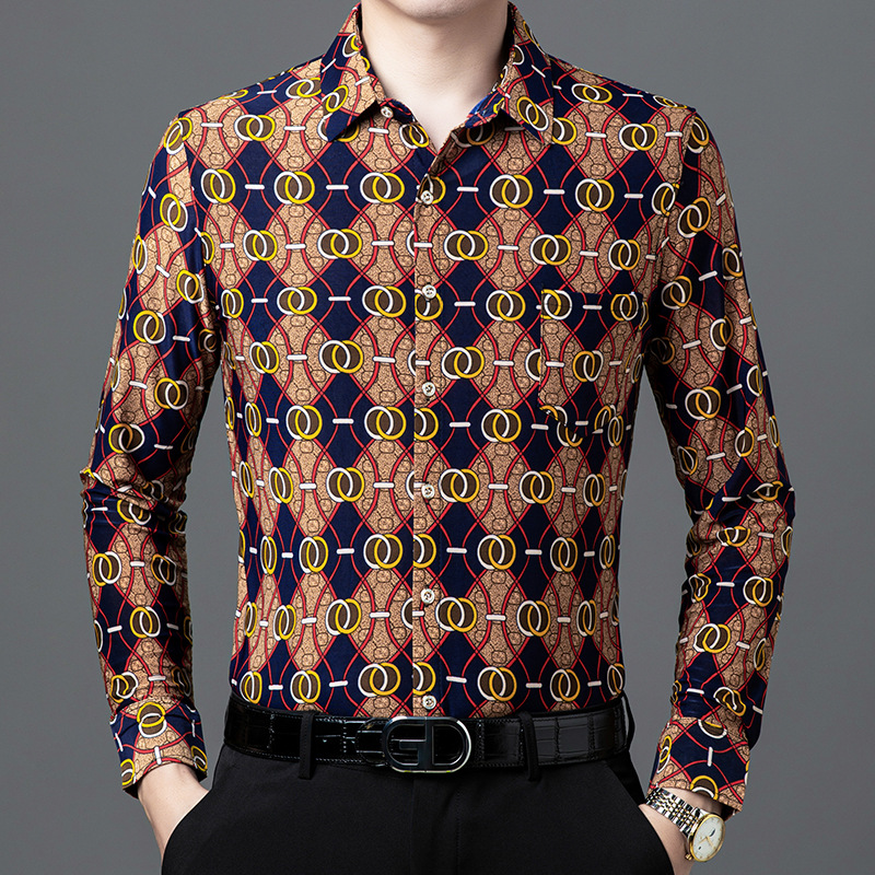 新款男士秋季印花长袖休闲衬衫免烫中年薄款宽松爸爸衬口袋