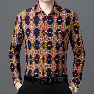 新款男士秋季印花长袖休闲衬衫免烫中年薄款宽松爸爸衬口袋