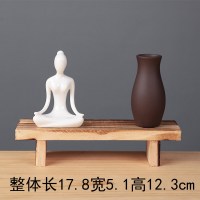 陶瓷瑜伽人物小花器玻璃水培花插禅意摆件现代家居客厅装饰品摆设 三维工匠 一号悠然+小木椅+紫砂瓶 小