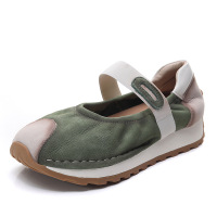 头层牛皮复古拼色玛丽珍鞋女2025春夏新款一字带平底百搭浅口单鞋