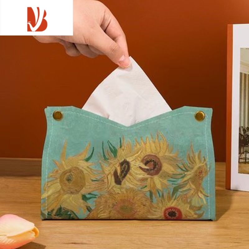 三维工匠车载轻奢风纸巾盒抽纸盒家用桌面纸抽收纳盒餐高级感纸巾盒油画￥ 油画向日葵-抽纸盒-优质版★